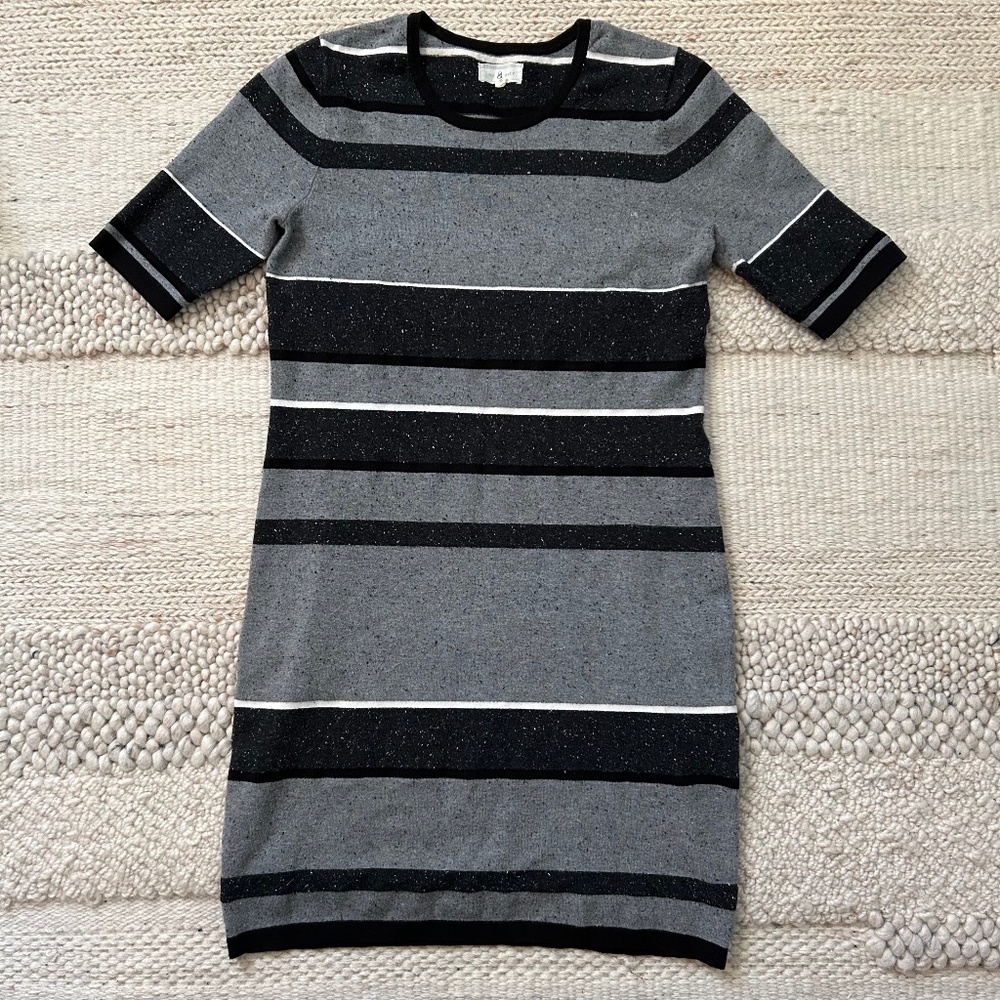 Lou & Grey - Speckled Striped Sweater Dress - Gray White Stripe - Small